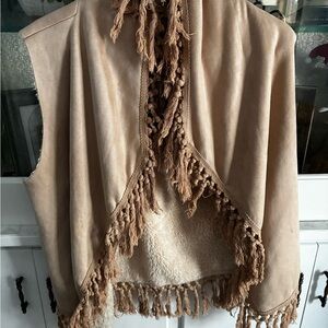 Fringed Tan IT GIRL Faux Suede Vest with Shearling Lining Large
